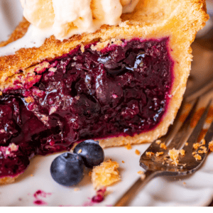 blueberry pie shot from the side with a scoop of ice cream on top.