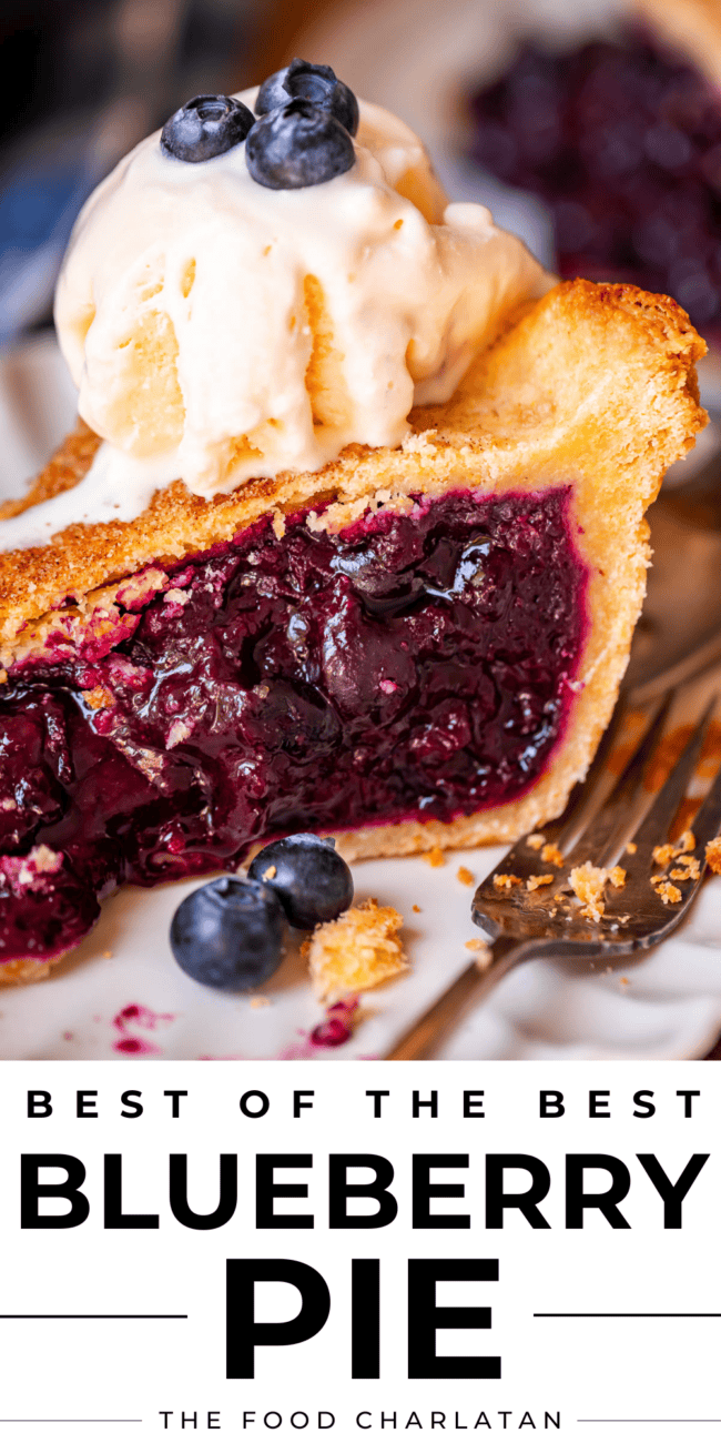 blueberry pie shot from the side with a scoop of ice cream on top.
