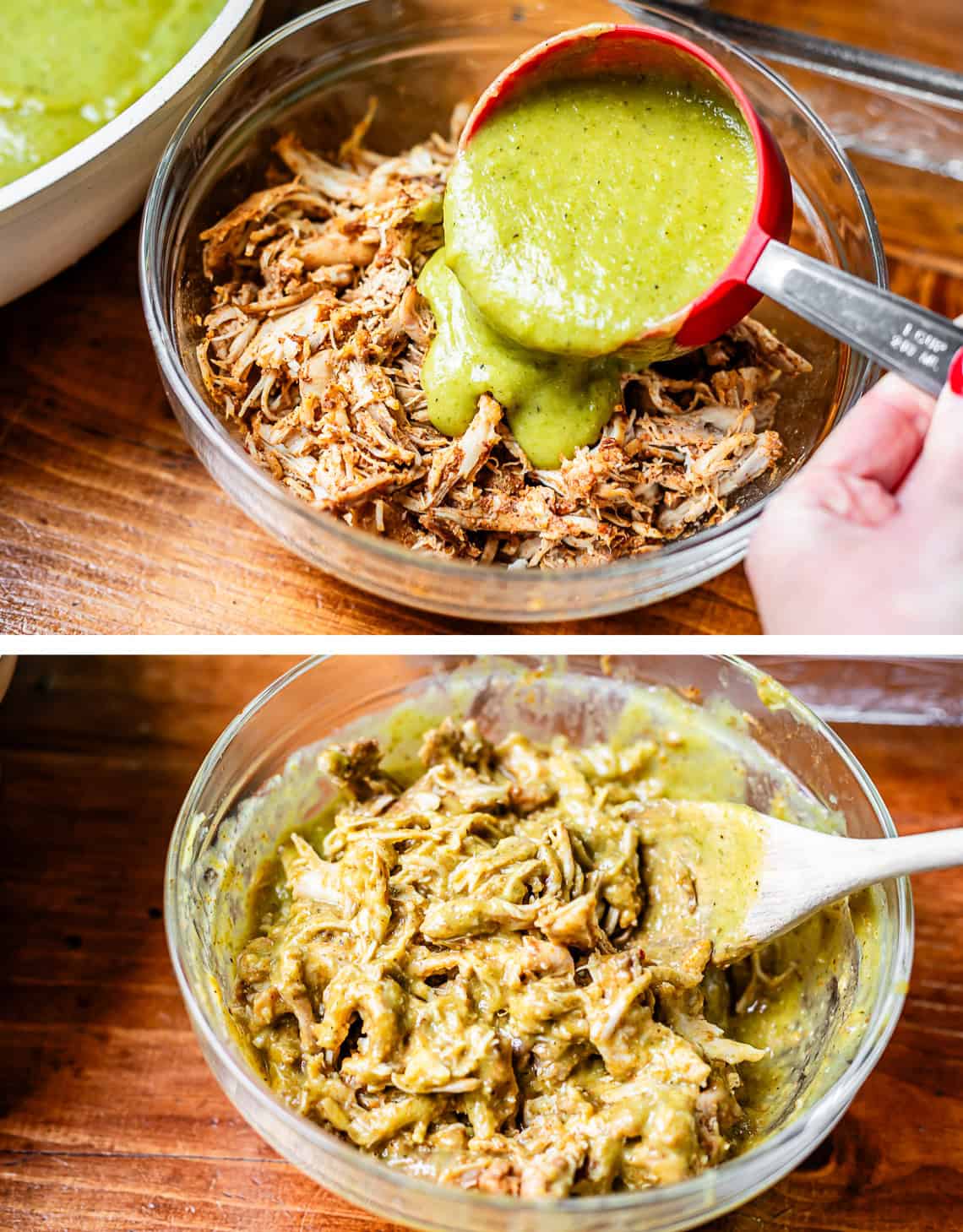 measuring cup pouring green enchilada sauce into bowl of chicken, bottom all stirred in.