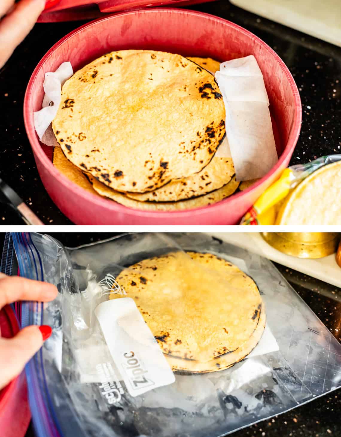 top: charred tortillas in a tortilla warmer, bottom: charred tortillas in a ziplock bag.