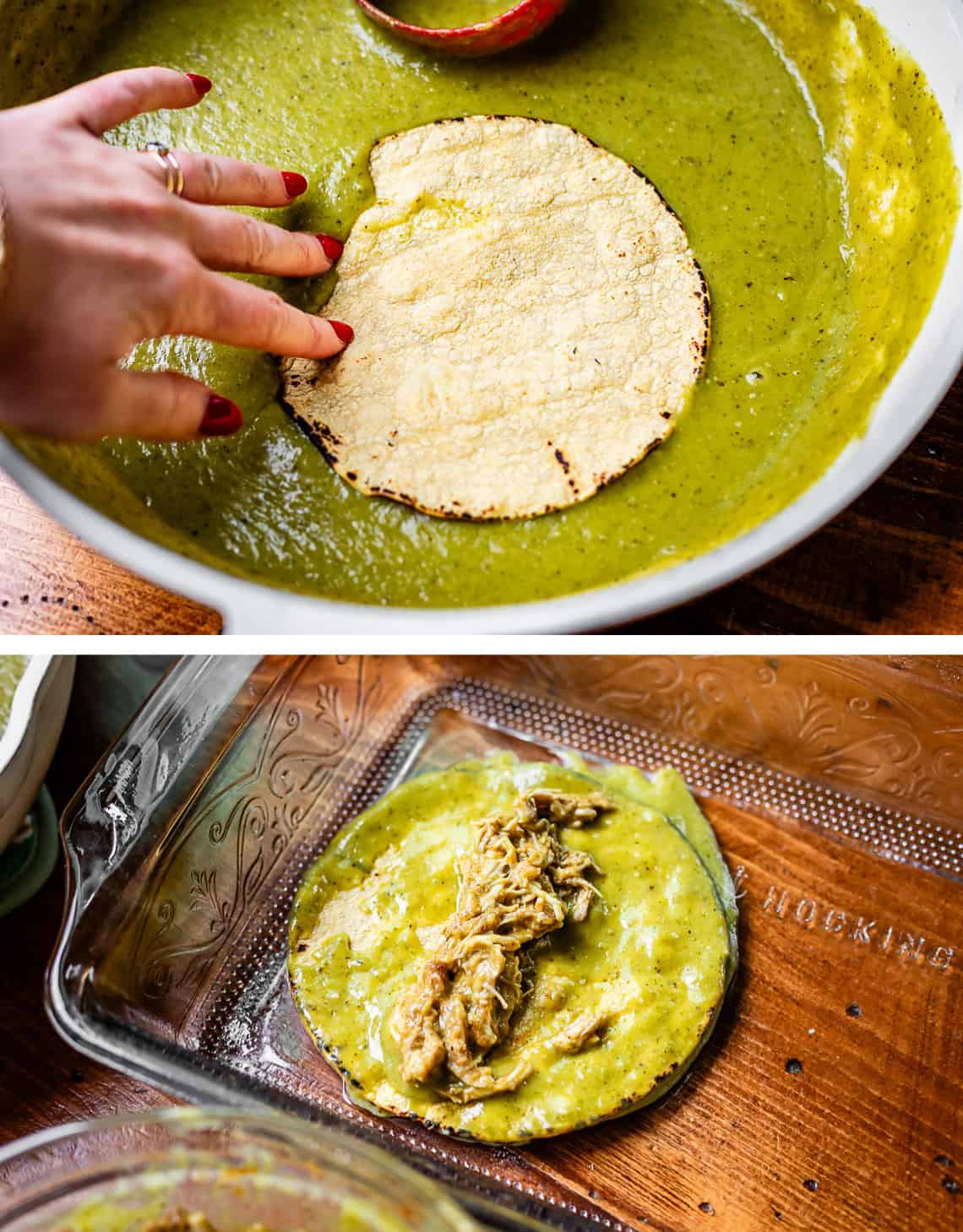 top: hand dipping a tortilla into sauce, bottom: coated tortilla in dish with a line of cooked chicken on top.