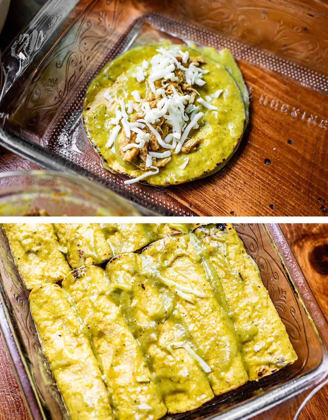 sauce coated tortilla in dish with chicken and cheese on top; bottom: several rolled unbaked enchiladas.