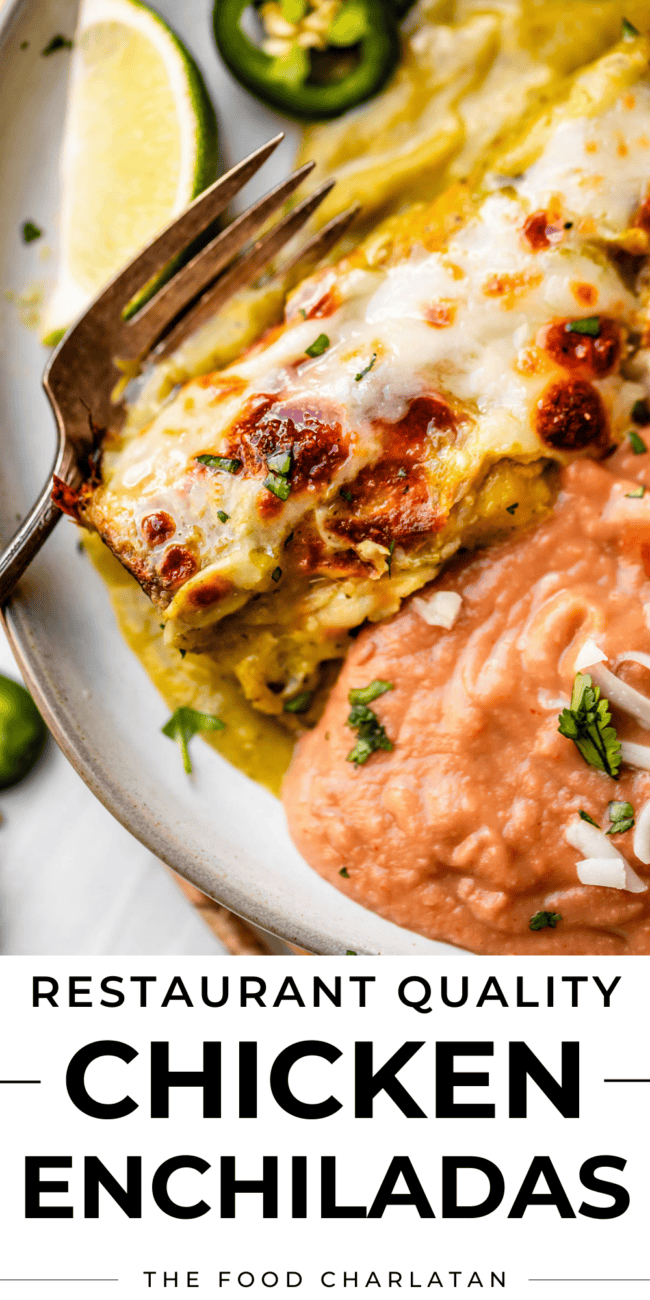 pinterest image of an enchilada plate with beans and text "restaurant quality chicken enchiladas".