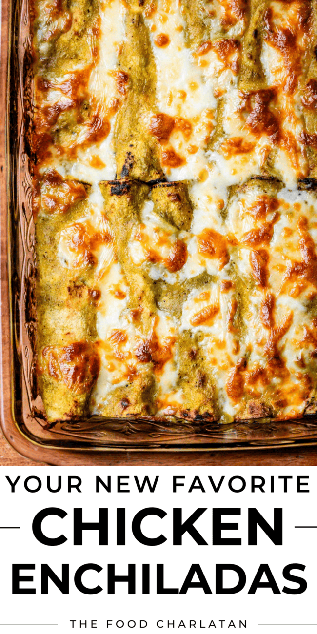 pinterest image of enchiladas in a casserole dish with text "your new favorite chicken enchiladas".