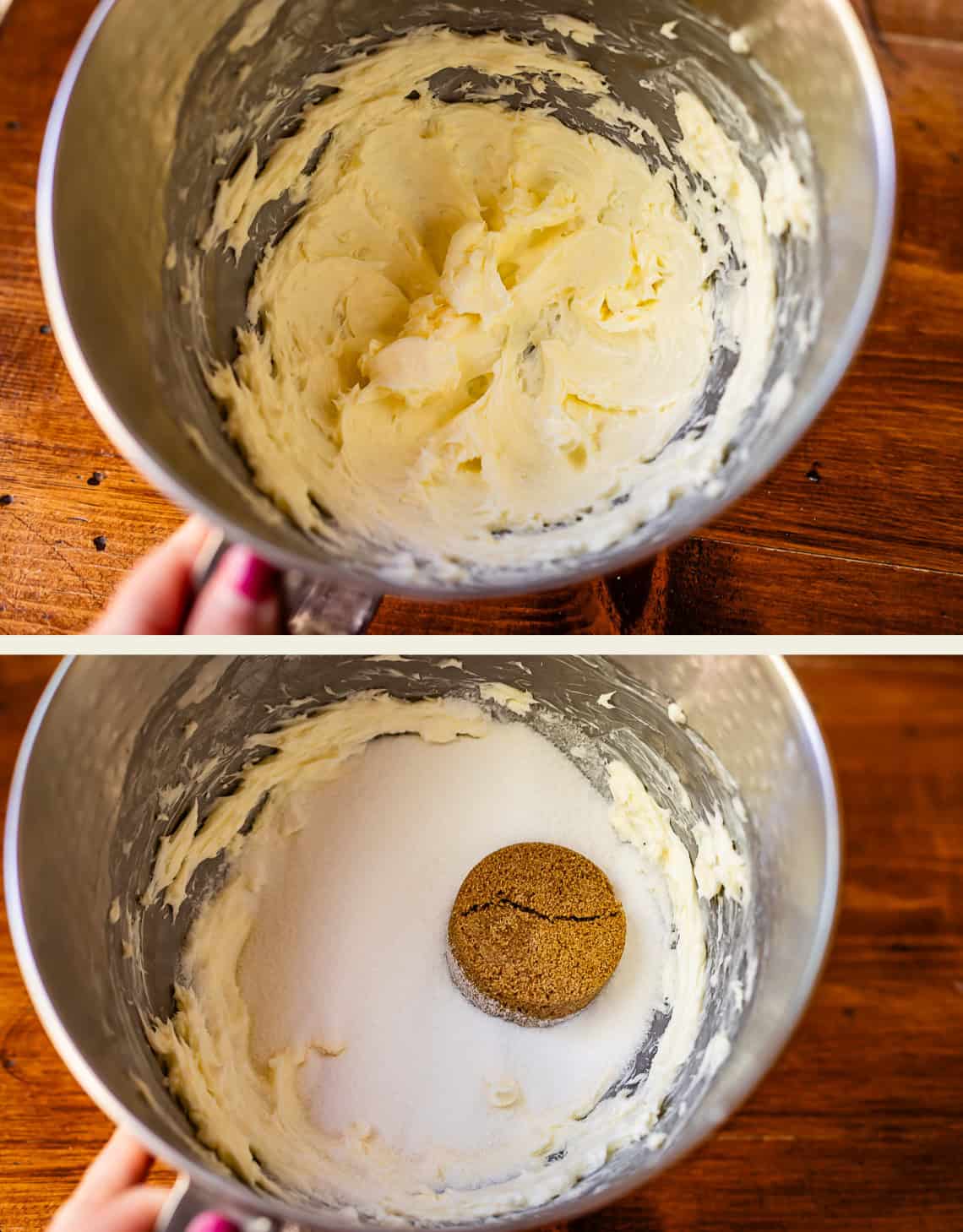 top: creamed butter in metal mixing bowl, bottom: white and brown sugar added on top.