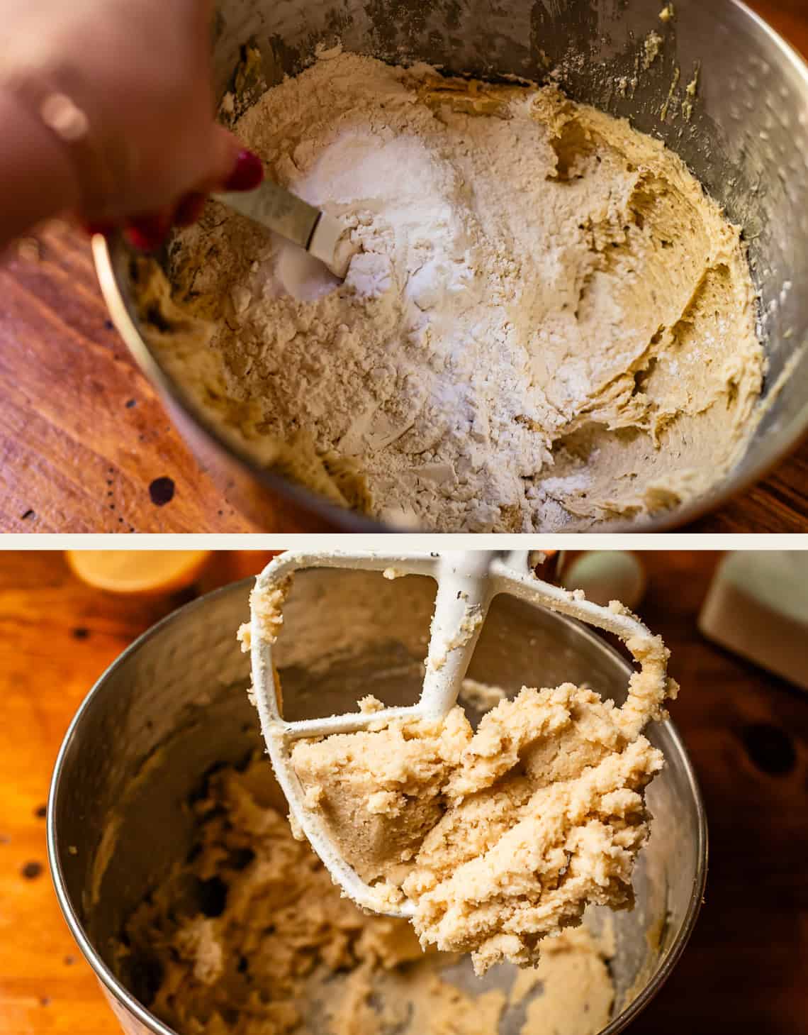 top: mixing flour into dough with spoon, bottom: finished dough on mixer paddle.