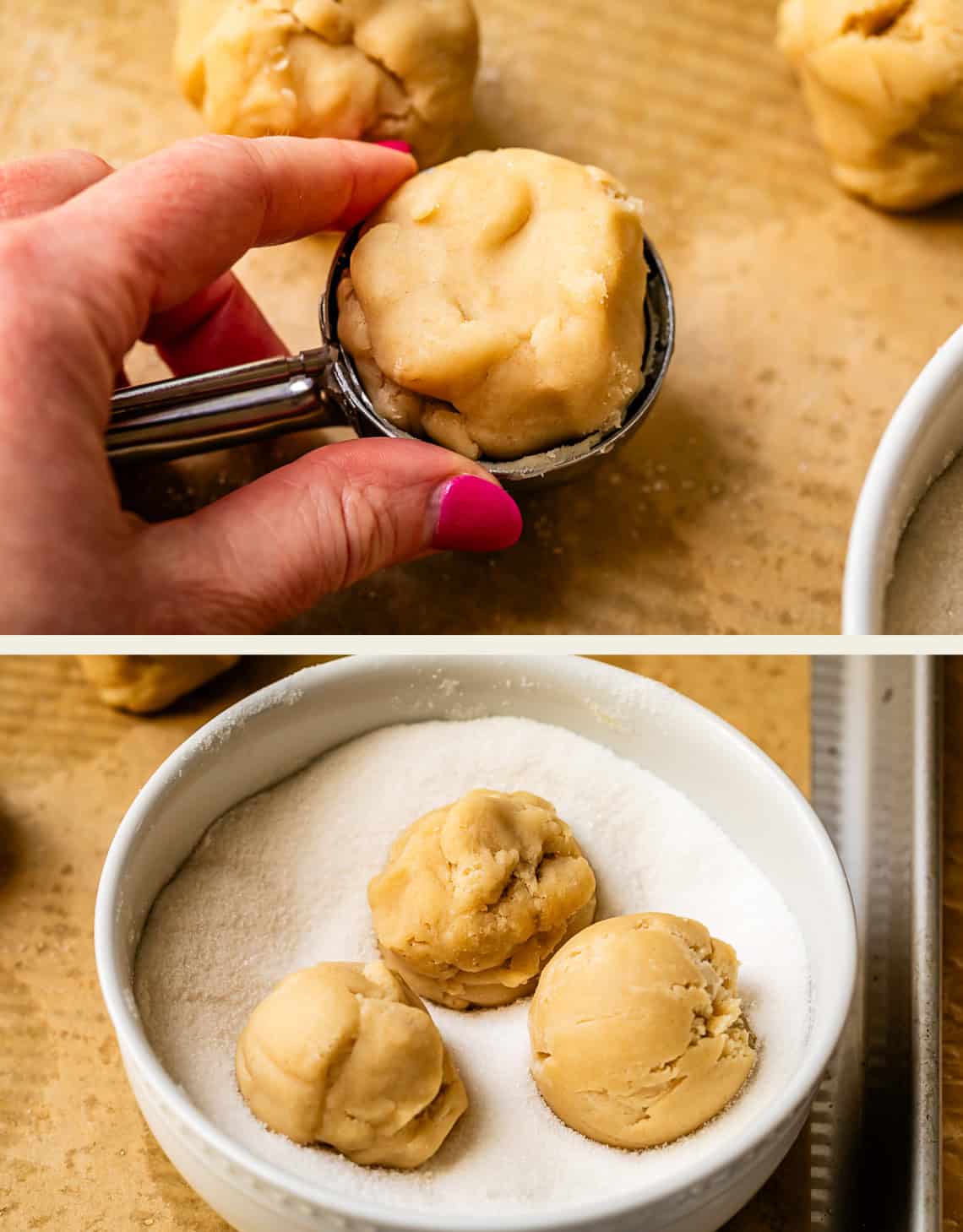 top: hand holding cookie scoop filled with dough, bottom, three dough balls in sugar in a bowl.
