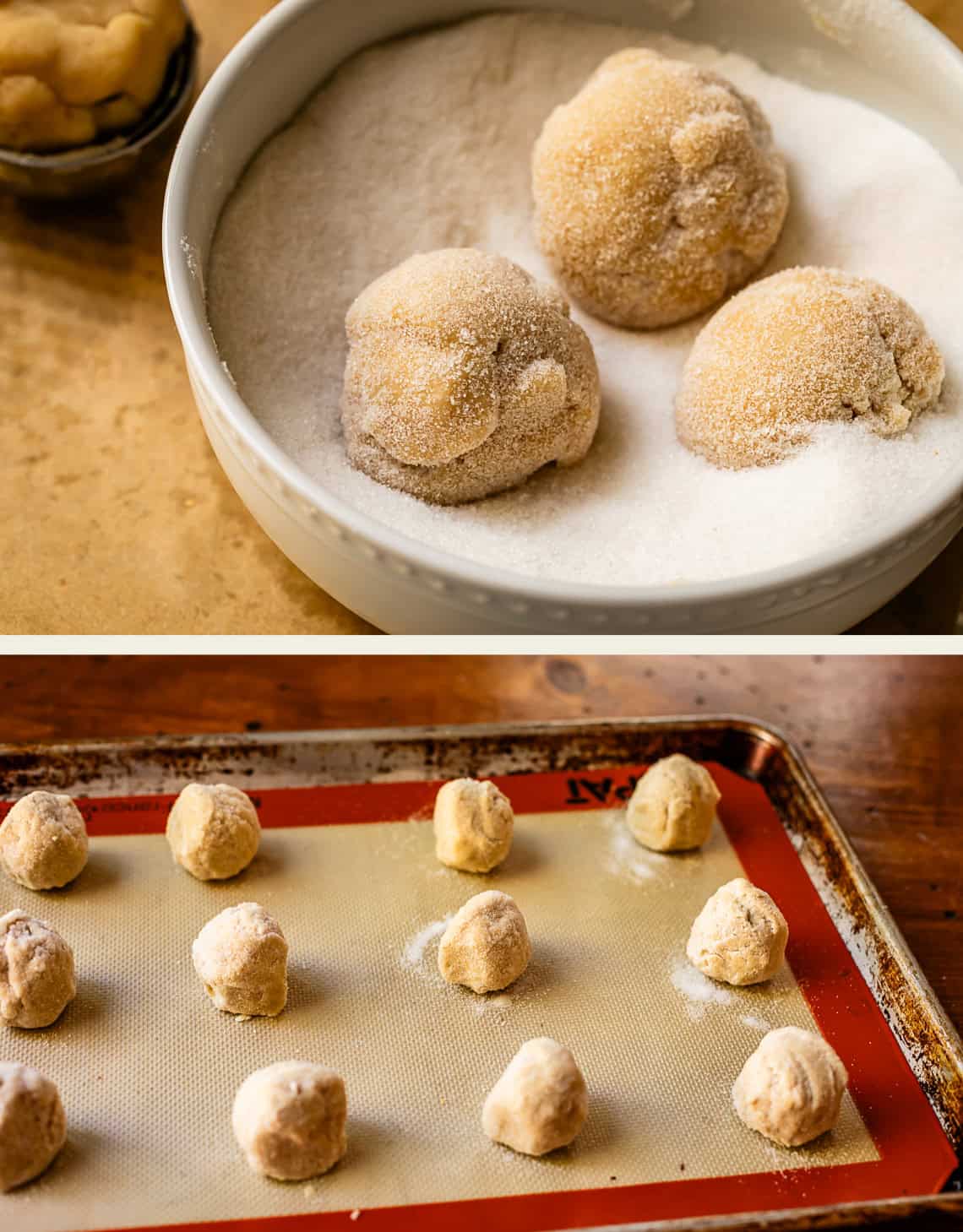 top: three dough balls sugared, bottom: sugared dough balls lined up on a cookie sheet.