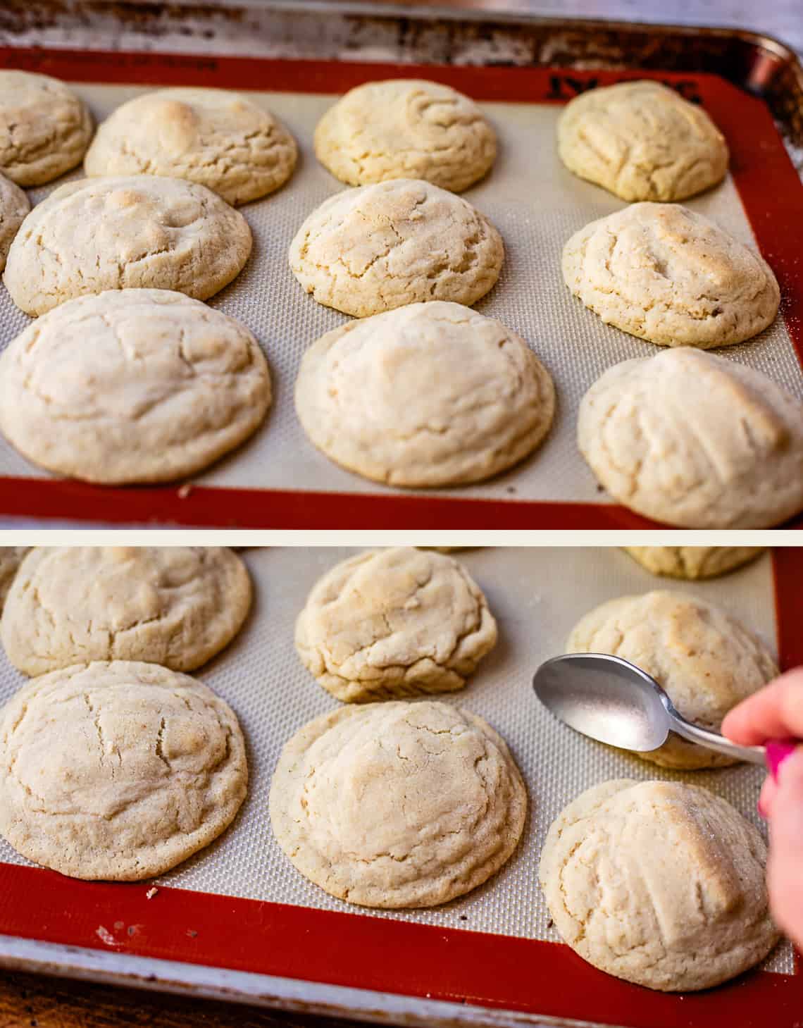 top: puffy baked cookies right out of the oven on pan, bottom: hand holding a spoon over cookies.