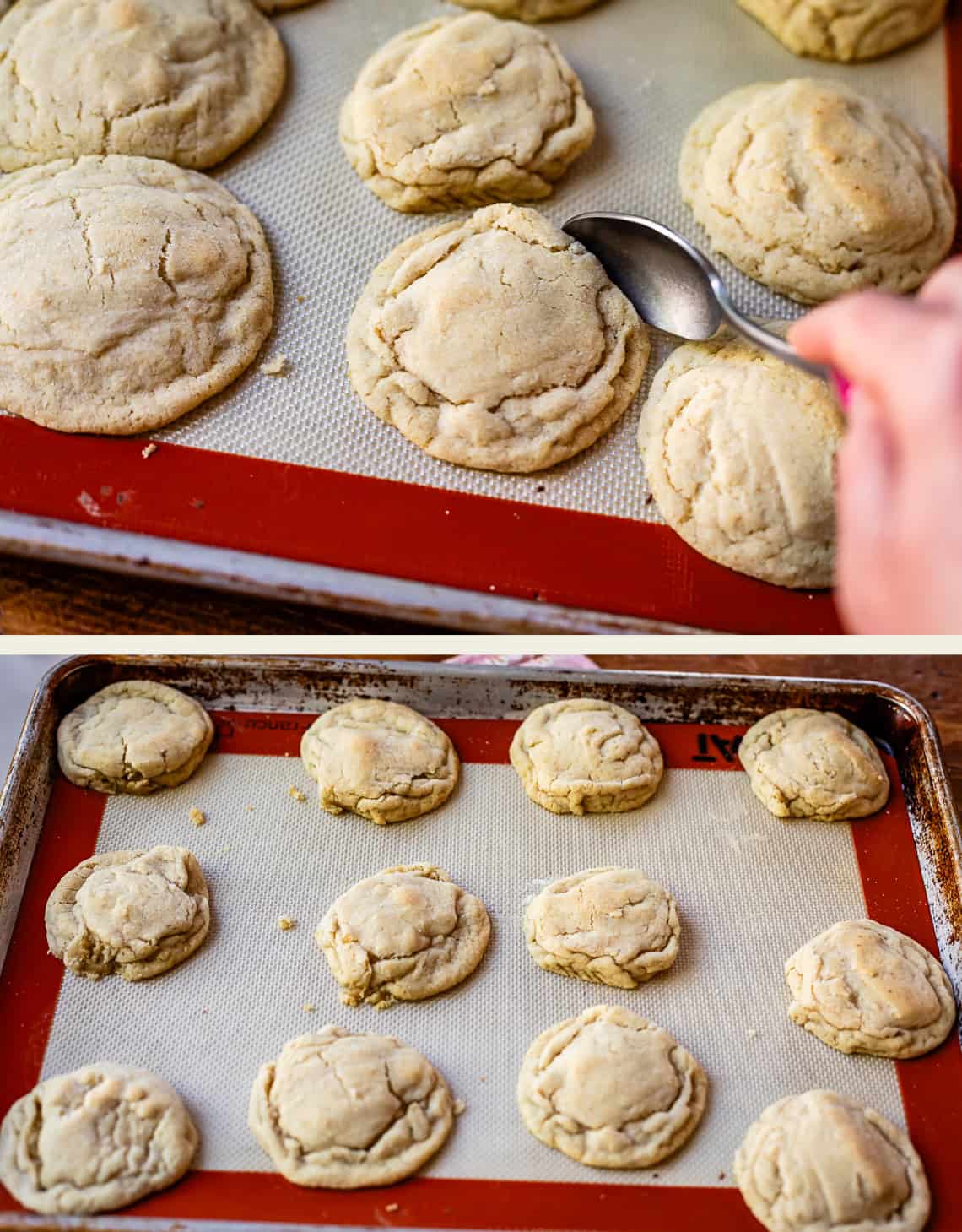 top: hand using spoon to shape a cookie, bottom: pan with all the baked cookies now shaped.