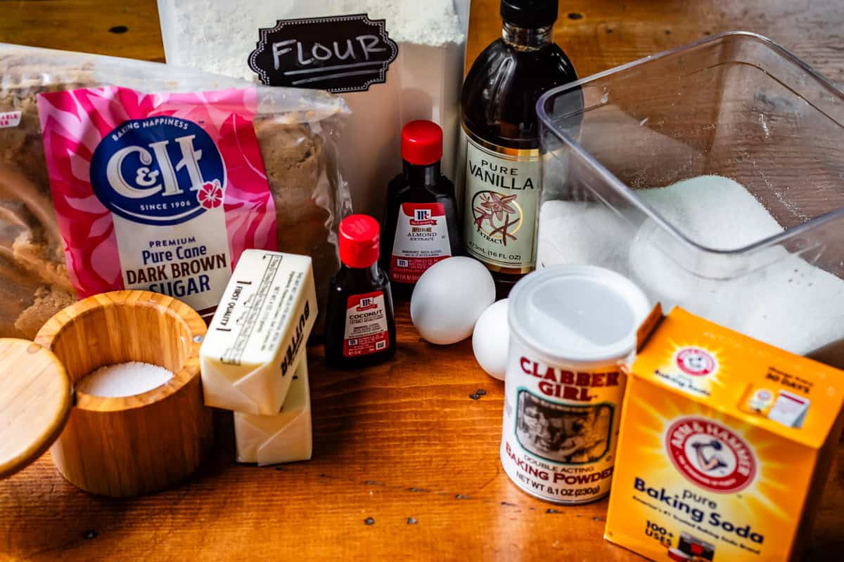 ingredients for drop sugar cookies like butter, sugars, flour, vanilla, and more.