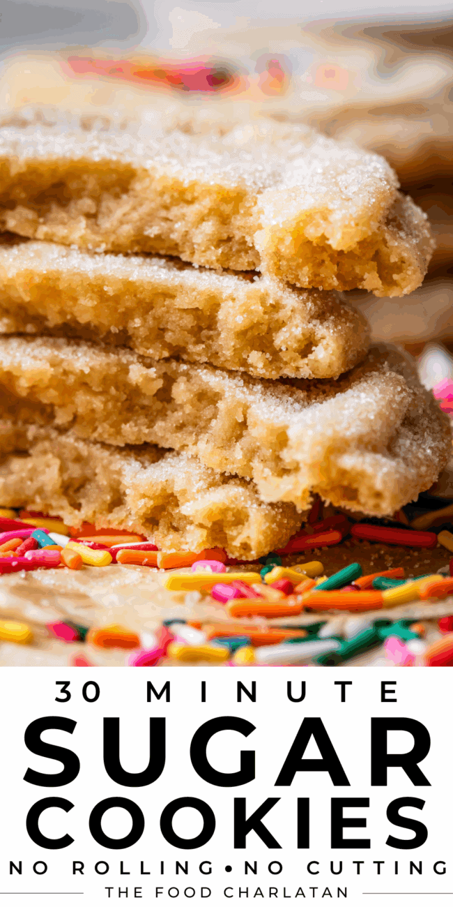 pinterest image of stacked cookies with text "30 minute sugar cookies no rolling no cutting".