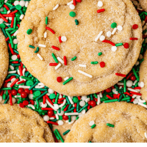 pinterest image of cookie with Christmas sprinkles and text "30 minute sugar cookies no rolling no cutting".