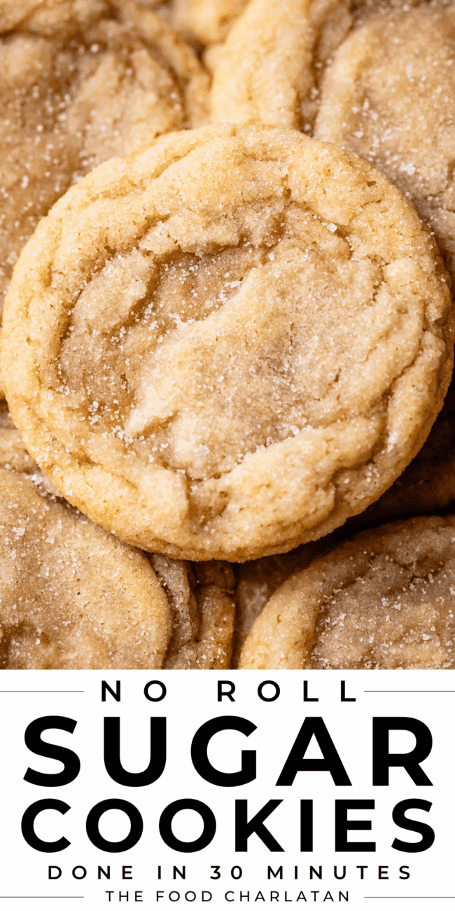 pinterest image of sugar cookie with text "no roll sugar cookies done in 30 minutes".
