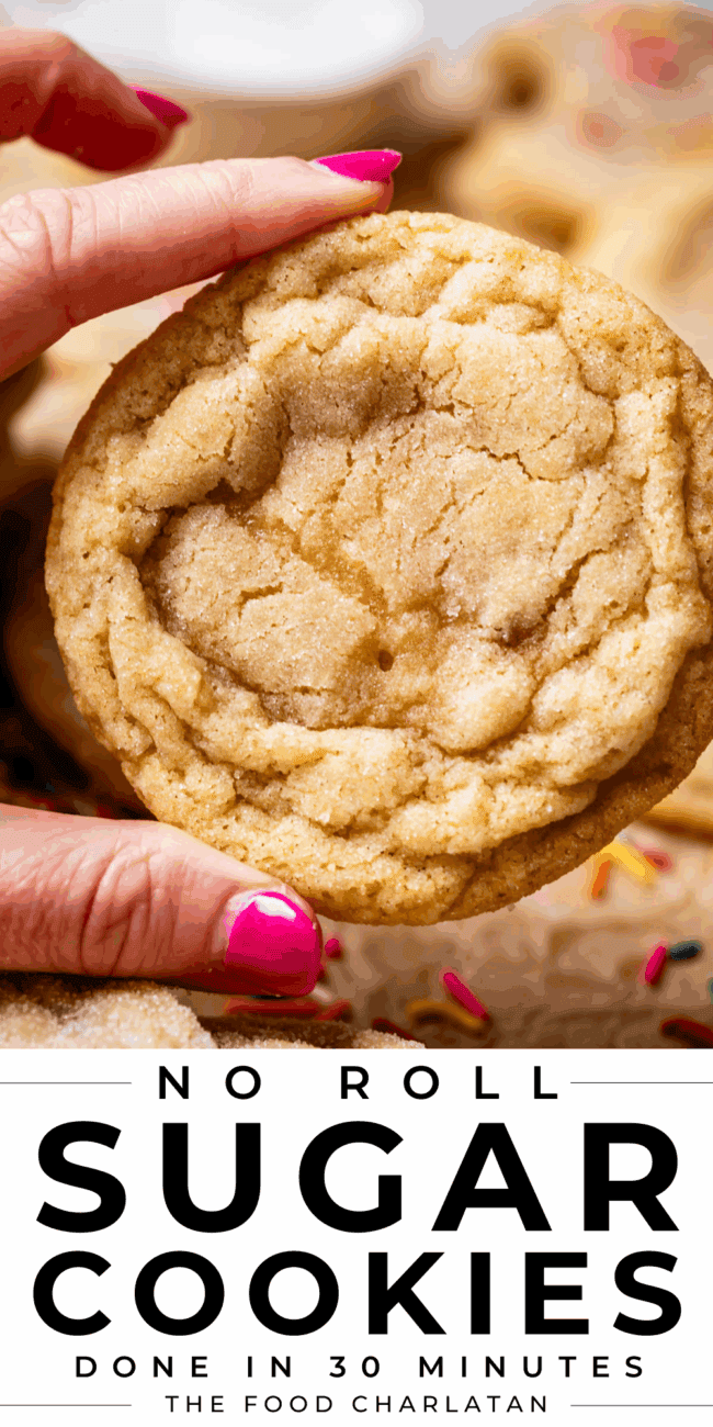 pinterest image of hand holding sugar cookie with text "no roll sugar cookies done in 30 minutes".