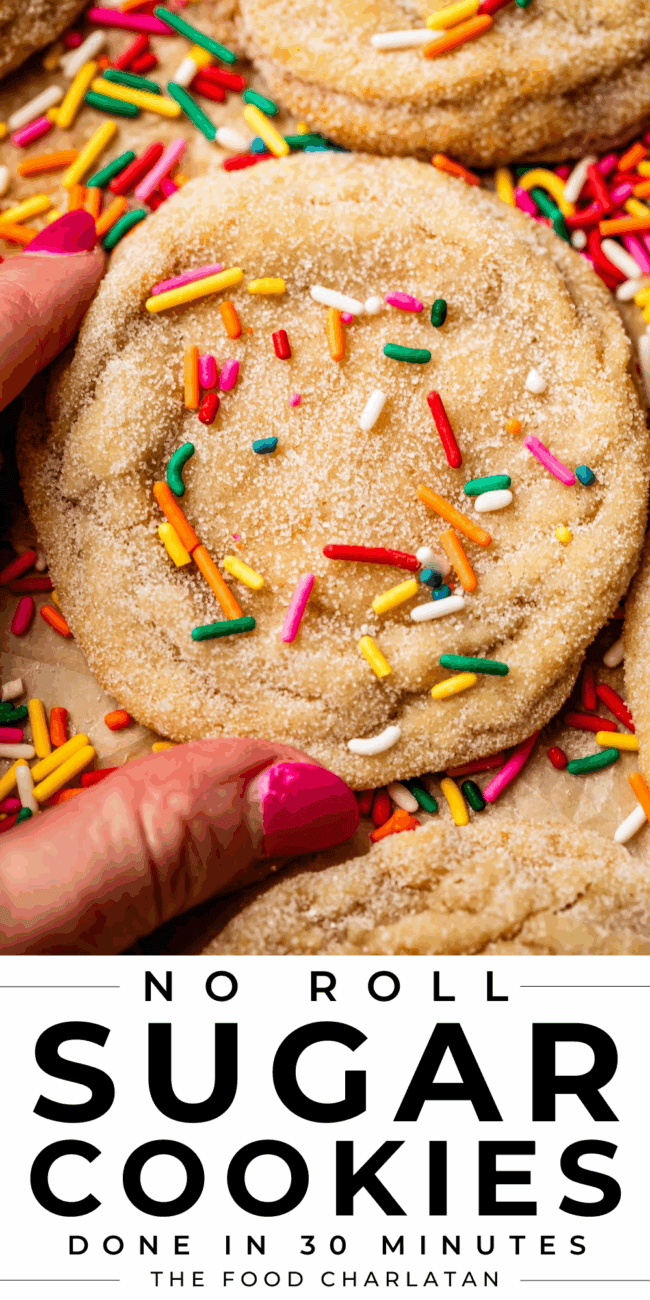 pinterest image of hand holding sugar cookie with text "no roll sugar cookies done in 30 minutes".