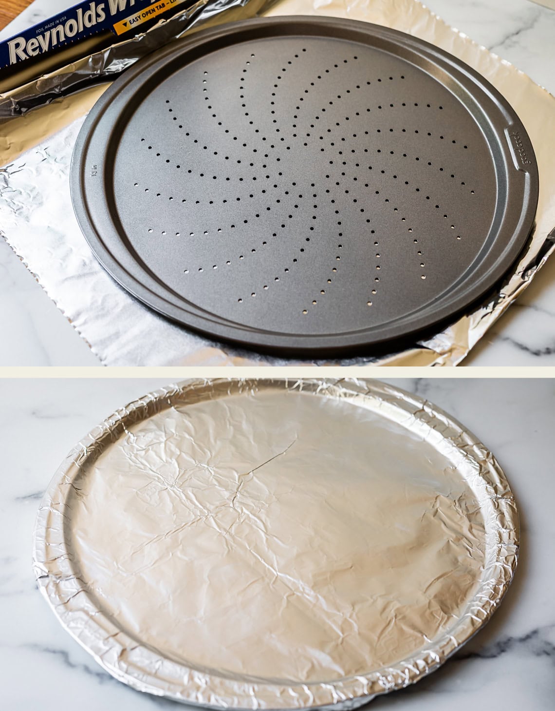 top: circular pizza pan sitting on foil, bottom: pan wrapped well in foil.