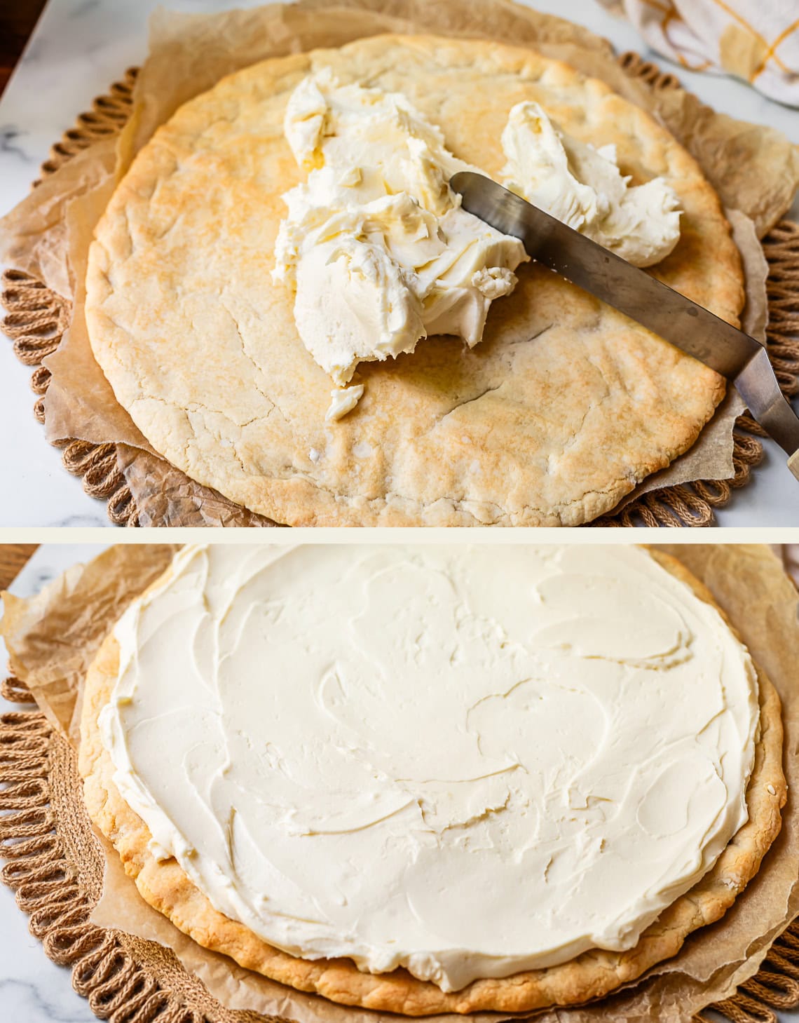 top: frosting dumped on top of baked cookie crust with spatula, bottom frosting all spread on top.