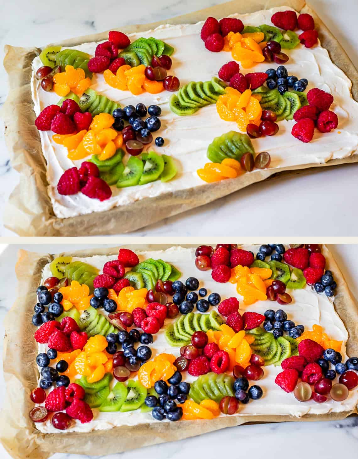 top: arranging fruit in groupings on a rectangle fruit pizza, bottom: filled cookie to look like a charcuterie board.