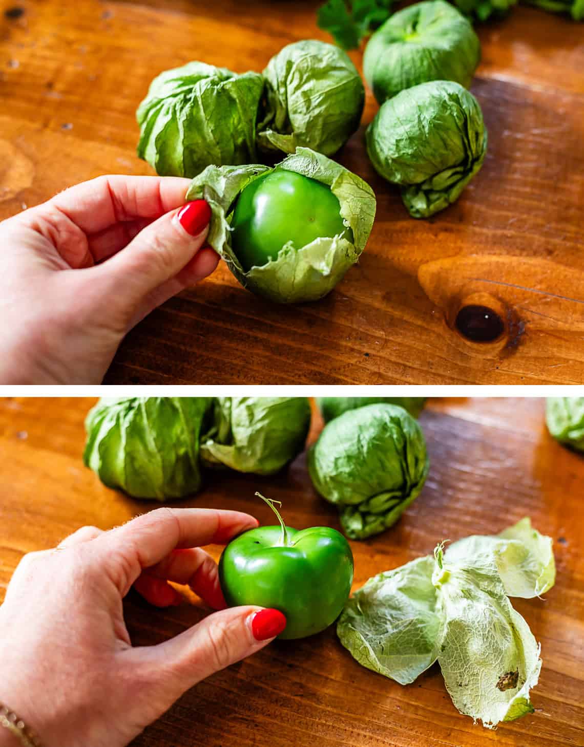 top: hand peeling tomatillos, bottom: hand holding peeled tomatillo.