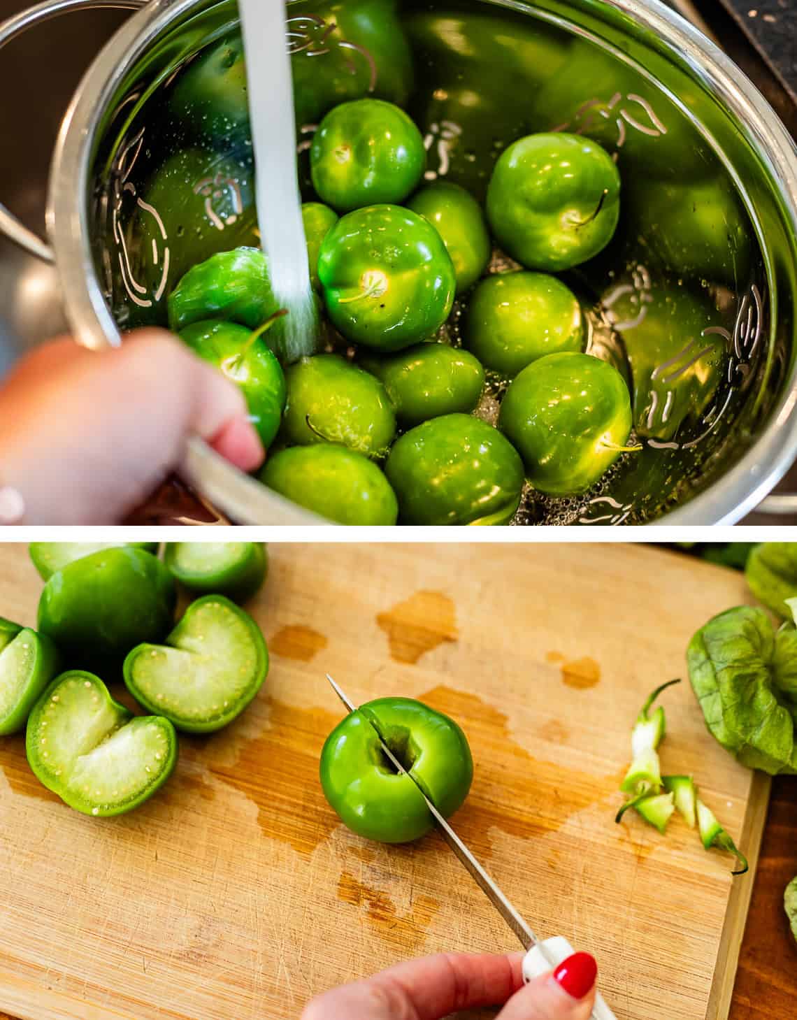 top: tomatillos being washed in a colander, bottom: knife slicing a tomatillo in half.