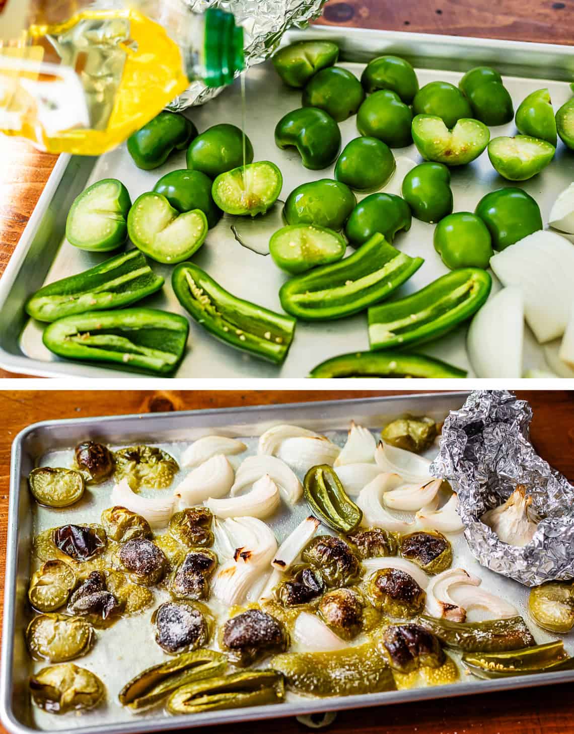 top: oil being poured onto tomatillos and jalapenos on a sheet pan, bottom: all of it roasted.