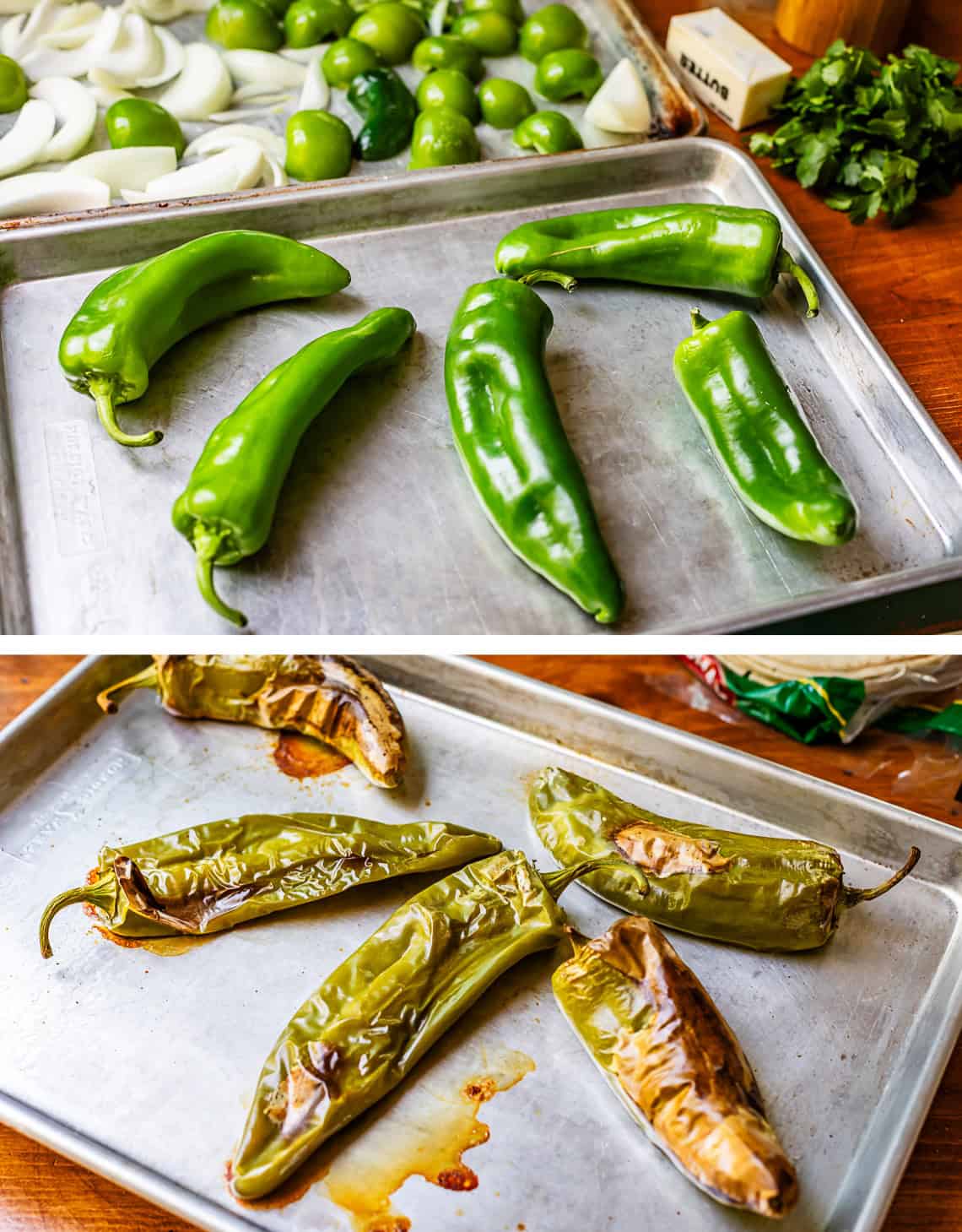 top: dry, whole anaheim peppers on a baking sheet, bottom: same peppers roasted.
