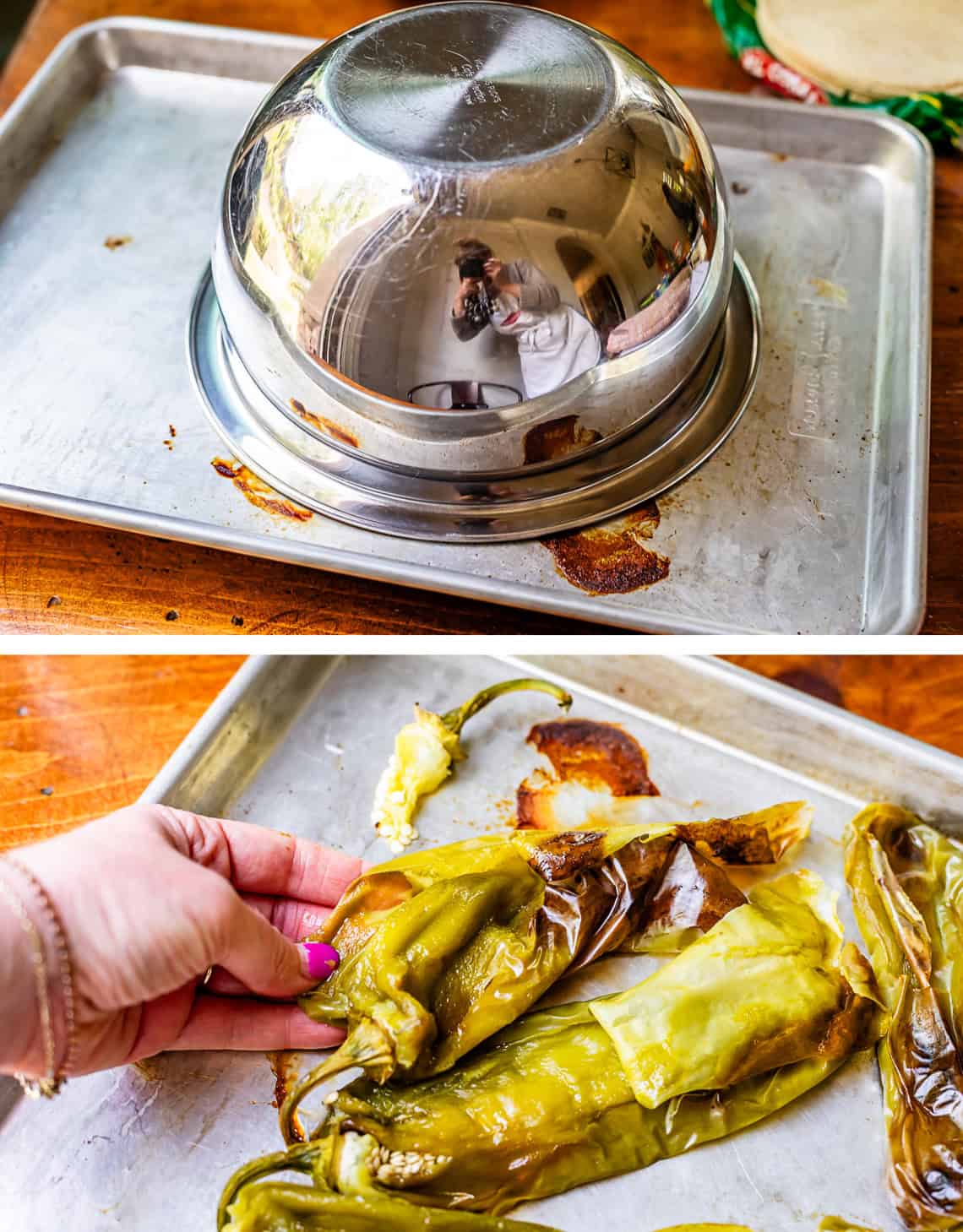 top: silver bowl covering roasted peppers to help them steam, bottom: peeling skin off.
