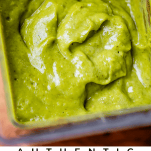 pinterest image of green sauce in a blender with text "authentic green enchilada sauce".