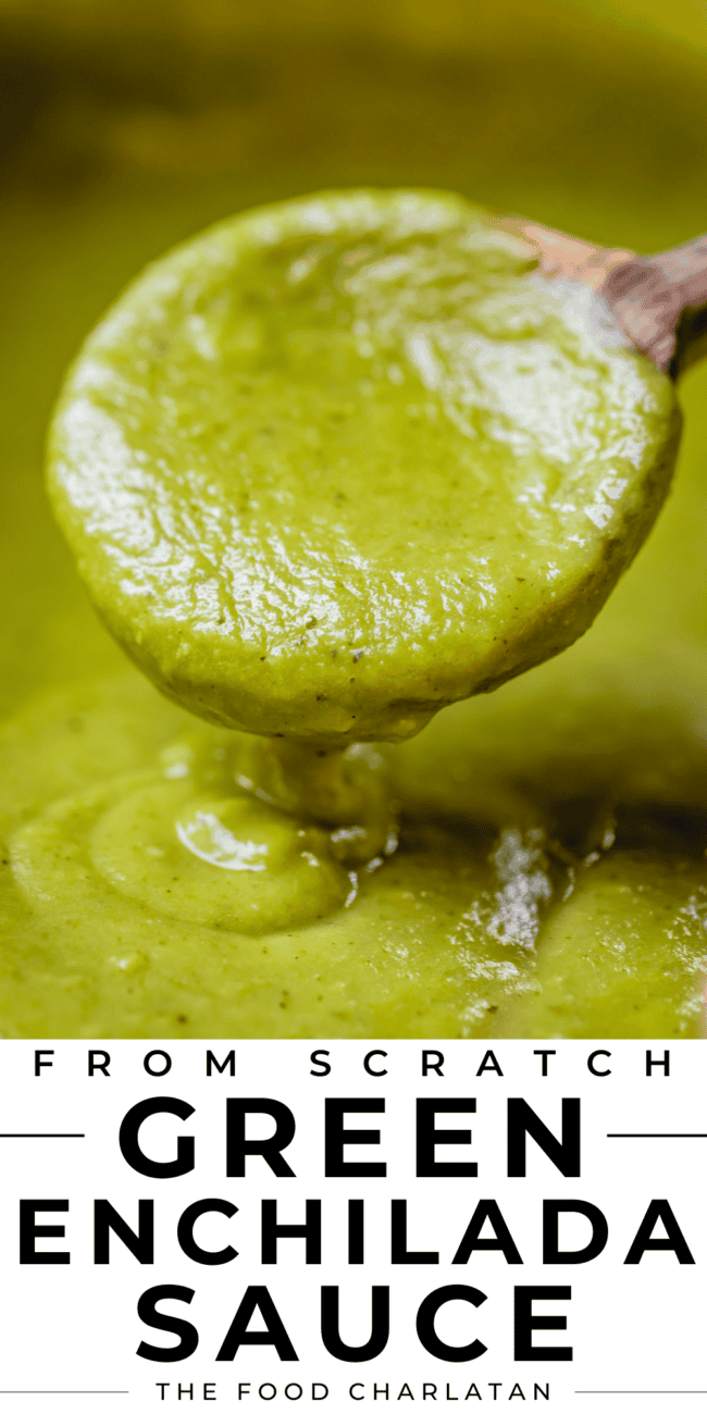 pinterest image of green in wooden spoon with text "from scratch green enchilada sauce".
