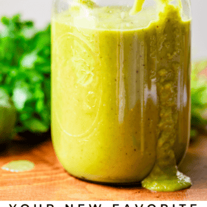 pinterest image of green sauce in a jar with text "your new favorite green enchilada sauce".