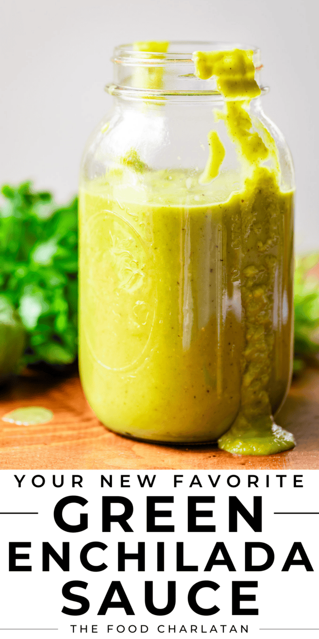 pinterest image of green sauce in a jar with text "your new favorite green enchilada sauce".