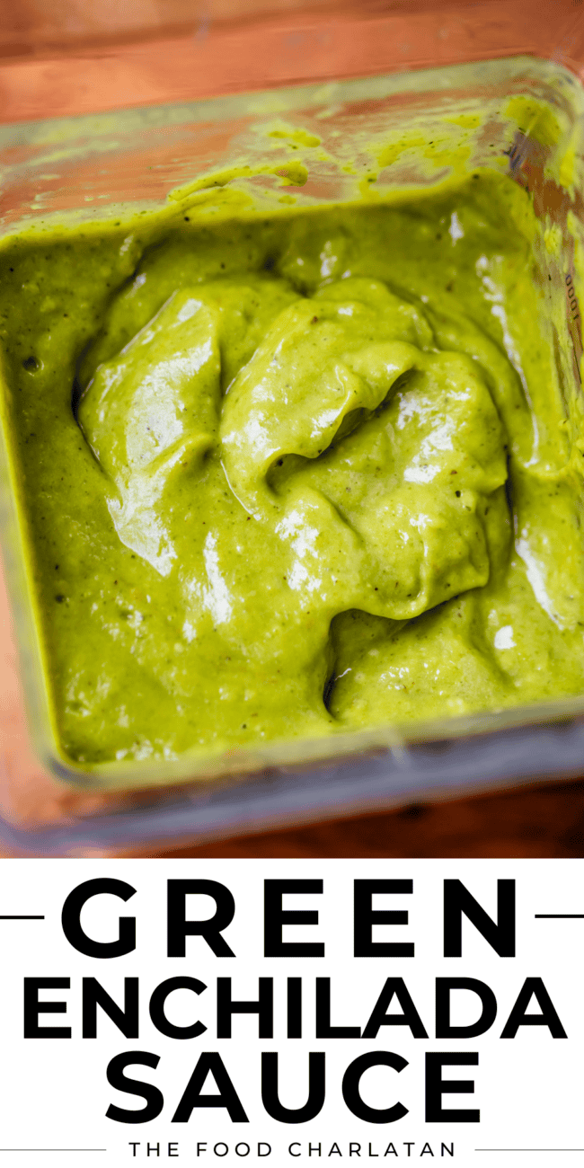 pinterest image of green sauce in a blender with text "green enchilada sauce".