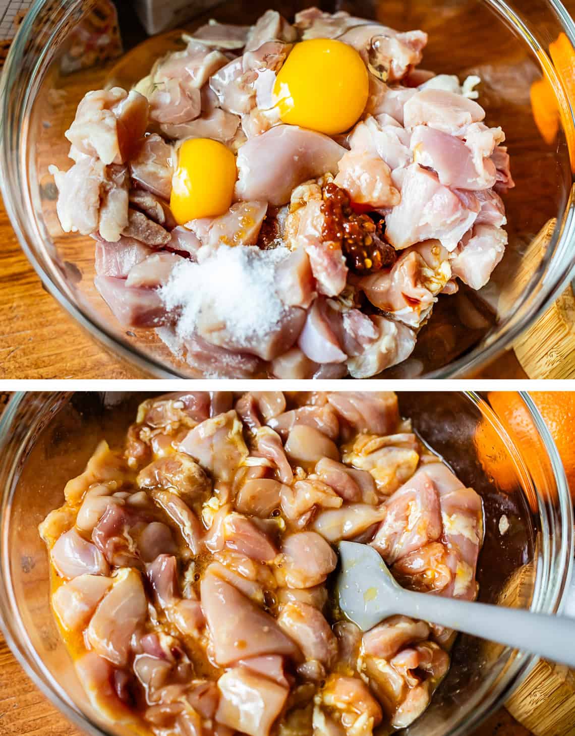 top: marinade ingredients on top of chicken thighs in bowl; bottom: all mixed together.