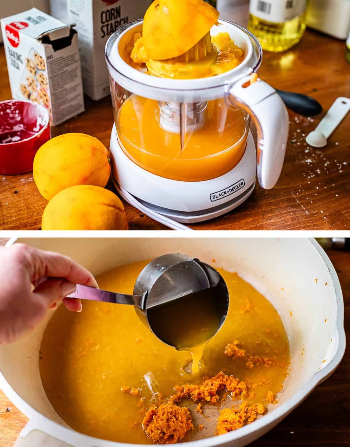 top: orange half on top of an electric juicer, bottom: pouring orange juice into skillet.