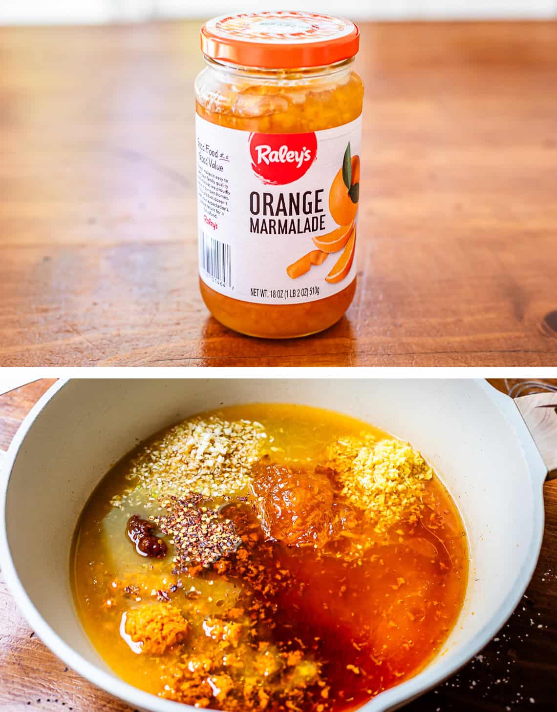 top: jar of orange marmalade, bottom: all sauce ingredients in the skillet.