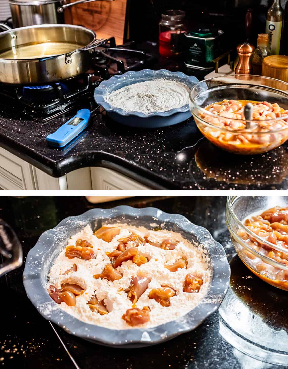 top: assembly line up for coating and frying chicken pieces, bottom: chicken in flour mixture.