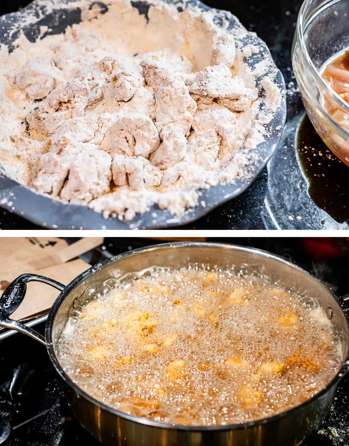 top: chicken well coated in flour, bottom: chicken frying in bubbly oil.