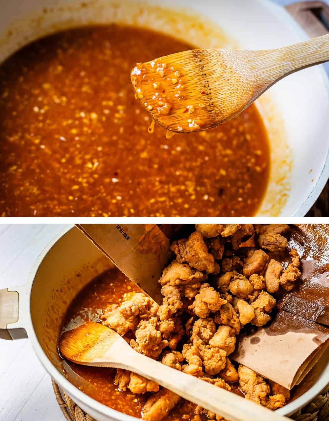 top: wooden spoon holding sauce over top of skillet; bottom: pouring fried chicken into pan.