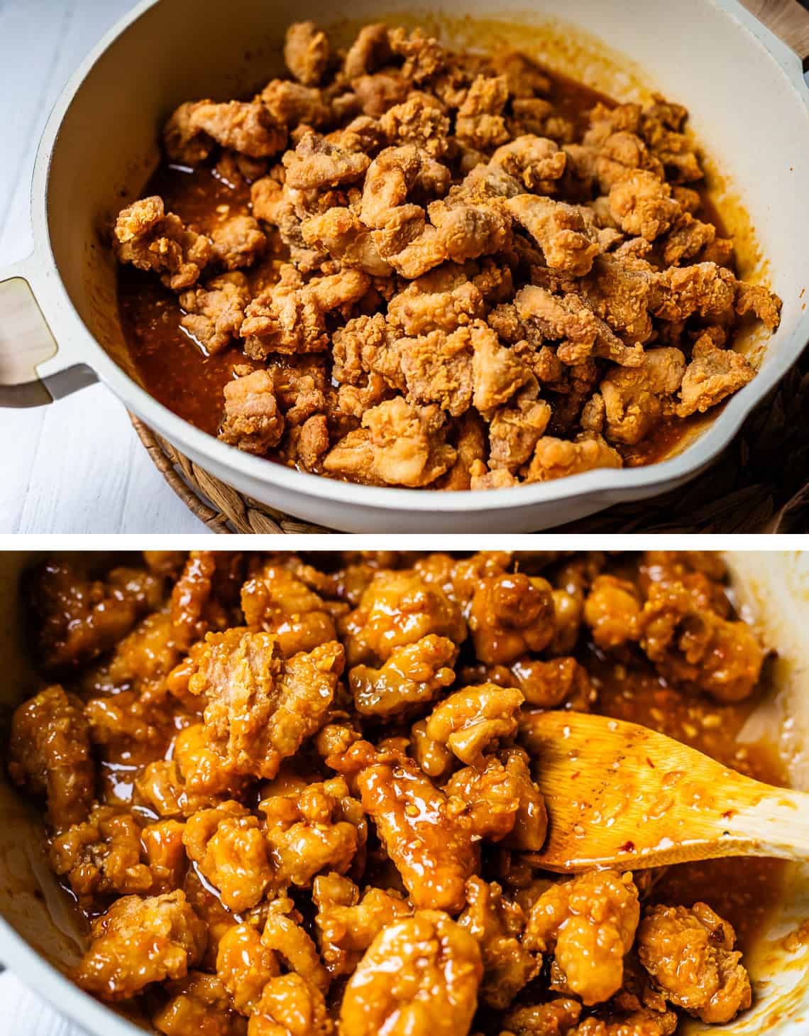 top: pile of fried chicken sitting on top of sauce in pan; bottom: chicken completely stirred into sauce.