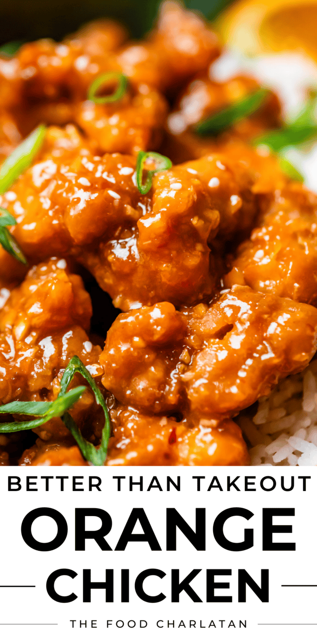 pinterest image of orange chicekn and rice with text "better than takeout orange chicken".