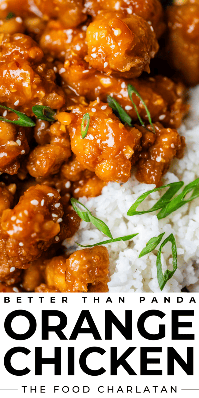 pinterest image of orange chicekn and rice with text "better than panda orange chicken".