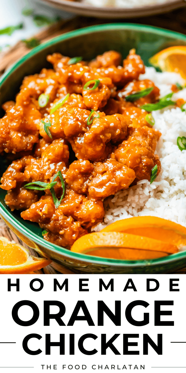 pinterest image of orange chicekn and rice with text "homemade orange chicken".