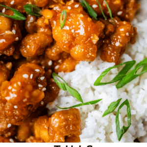 pinterest image of orange chicken and rice with text "this orange chicken is fire".