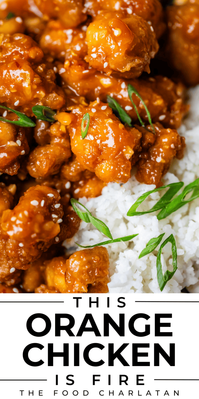 pinterest image of orange chicekn and rice with text "this orange chicken is fire".