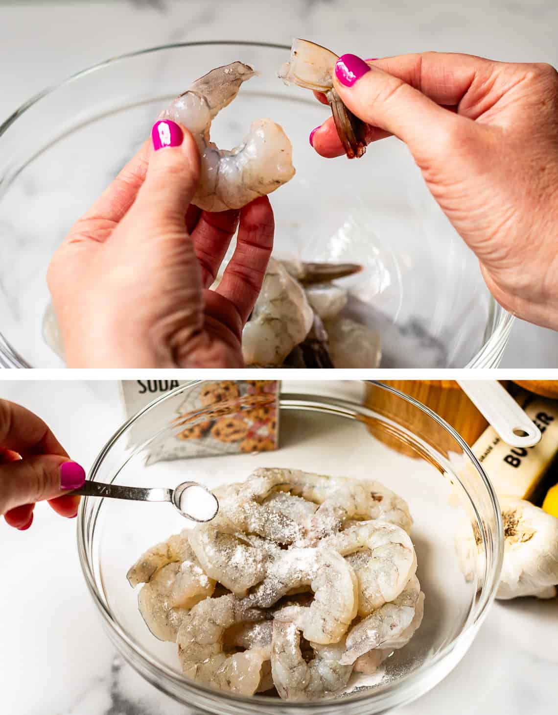 hands removing a tail from a raw shrimp, adding salt to raw shrimp.