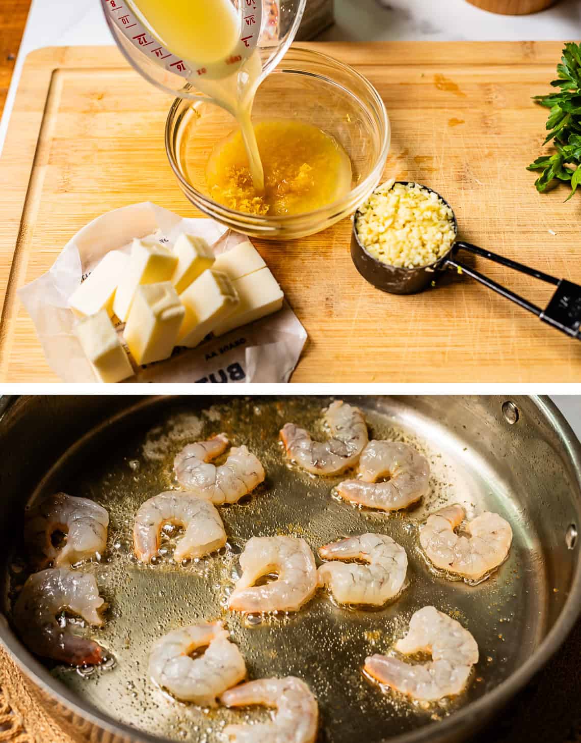butter, garlic, and wine on a wooden cutting board, cooking shrimp in a single layer.