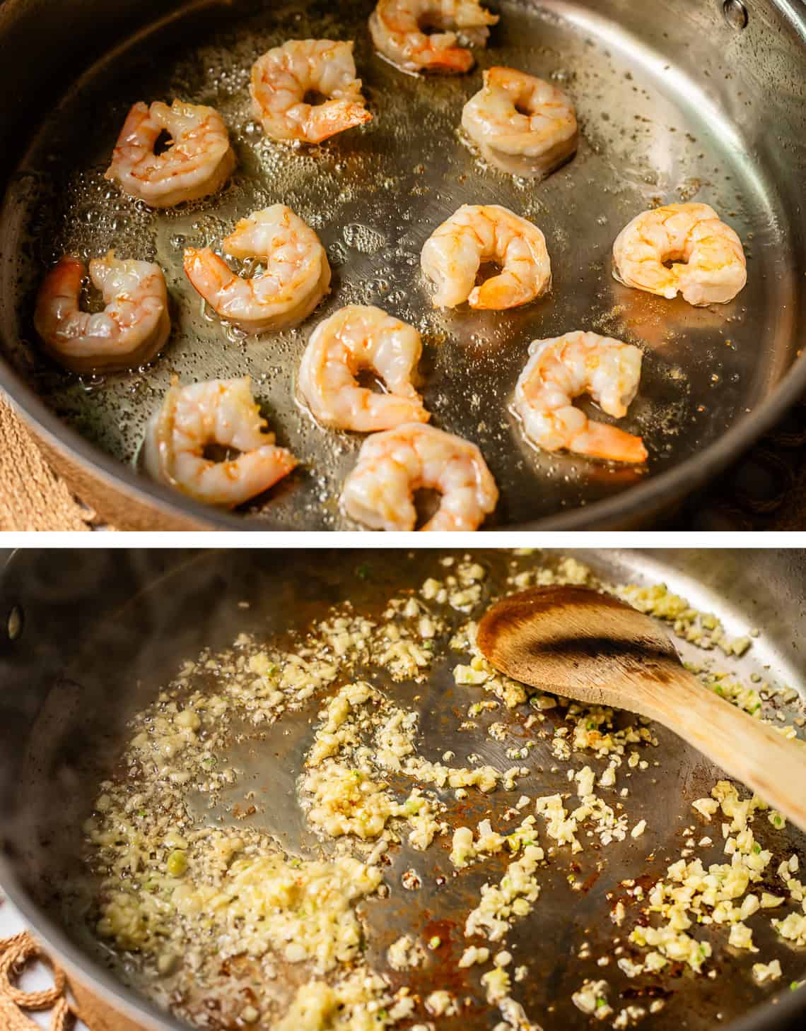 cooked shrimp in a skillet, cooking garlic in the same pan.