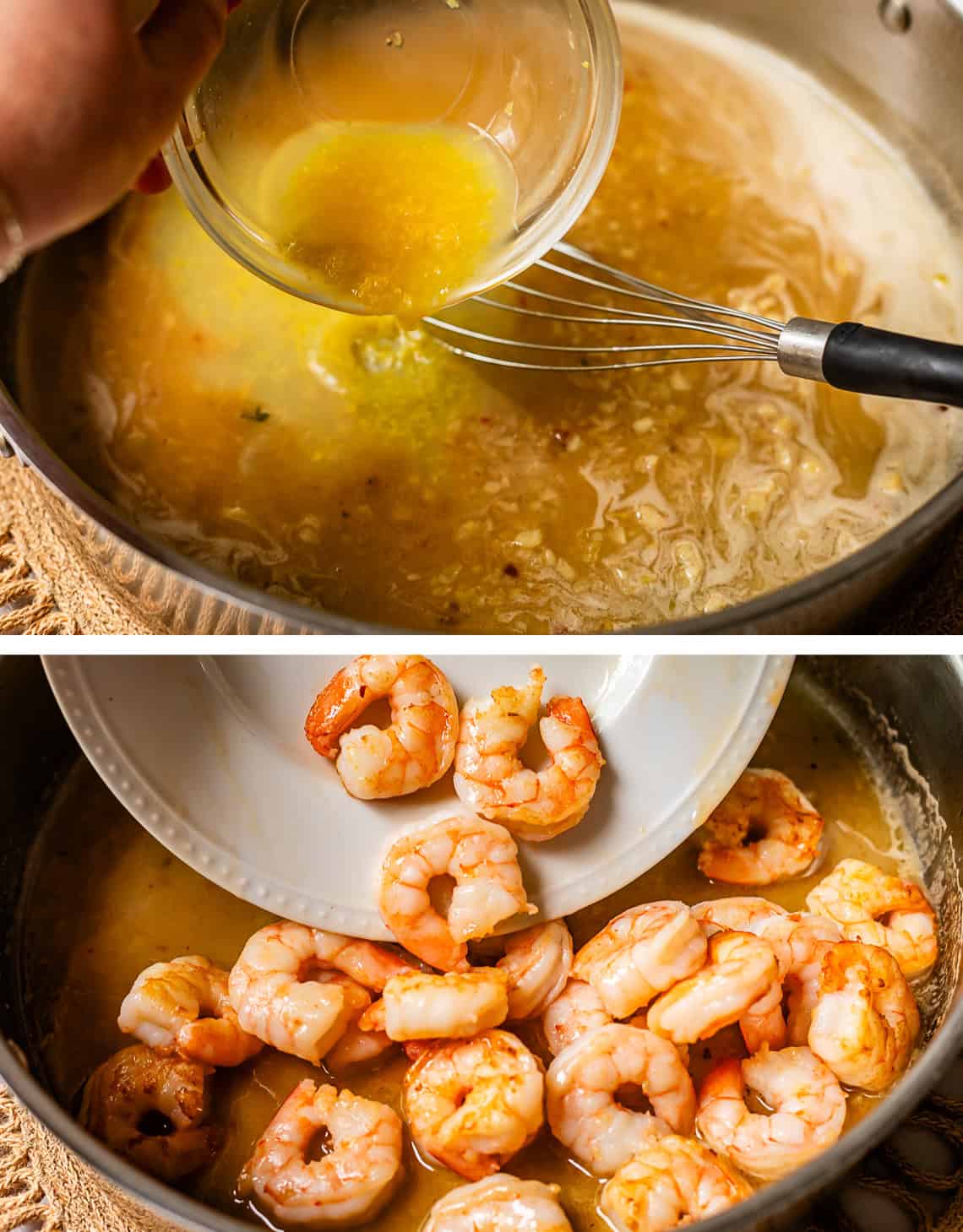 adding broth to a pan sauce, adding cooked shrimp back into the pan sauce.