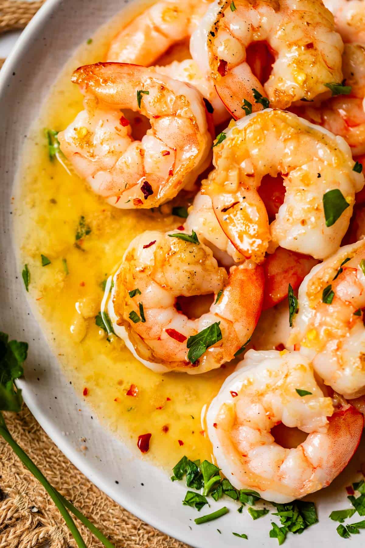 a pan of shrimp in garlic butter sauce.